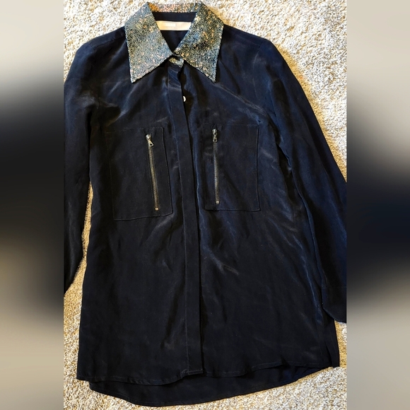 Hunter Bell New York Womens Silk And Suede Button Down Blouse Size S Black - Picture 1 of 6